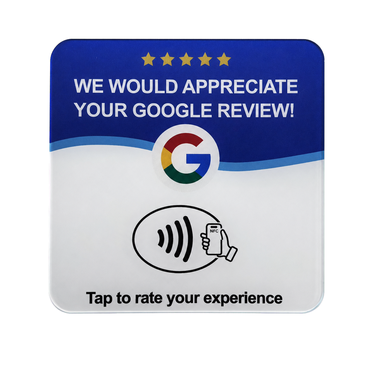 Kompaktná ReviewTap tabuľka s NFC symbolom a výzvou na spätnú väzbu