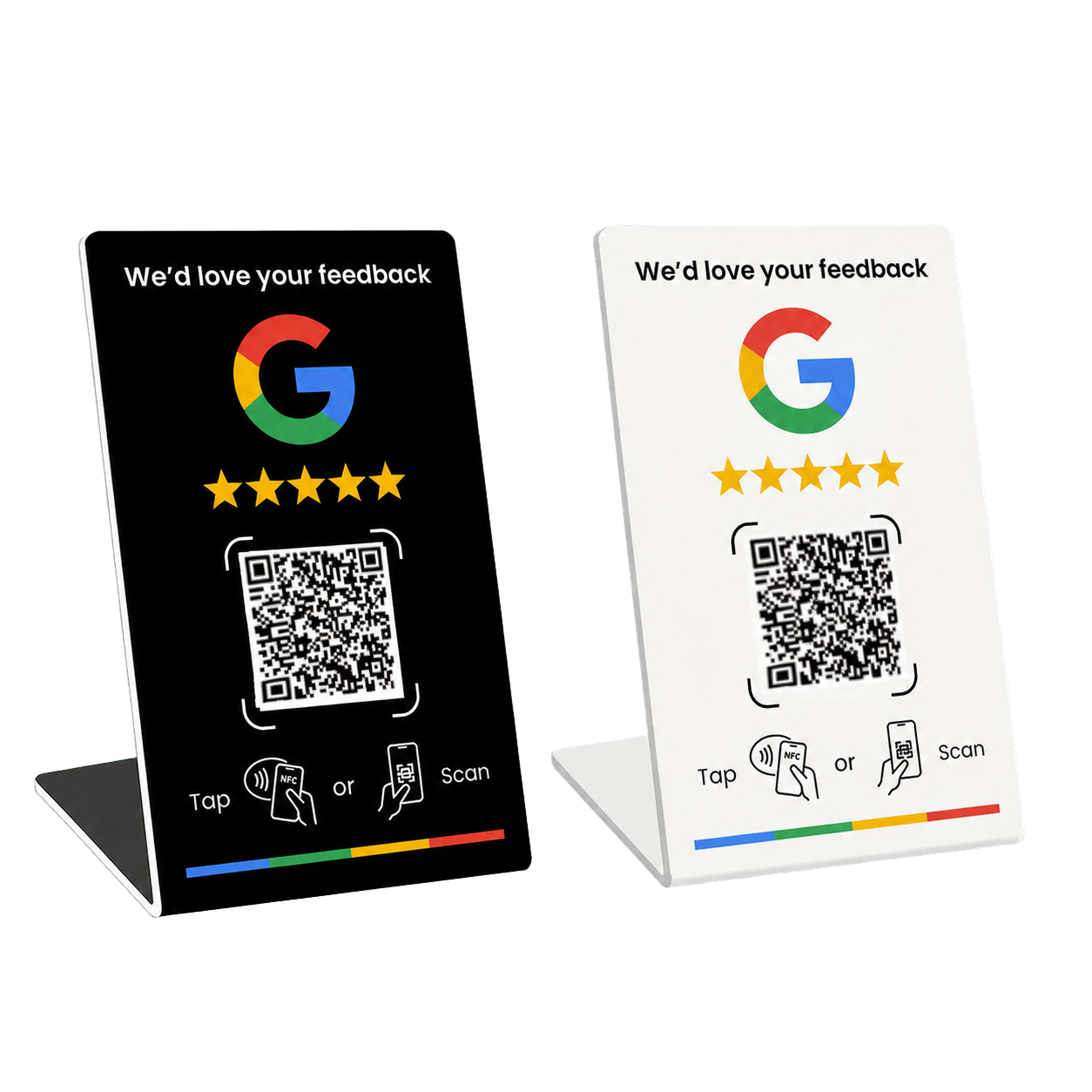 Čierny stolový ReviewTap stojan s NFC symbolom a QR kódom, pohľad spredu